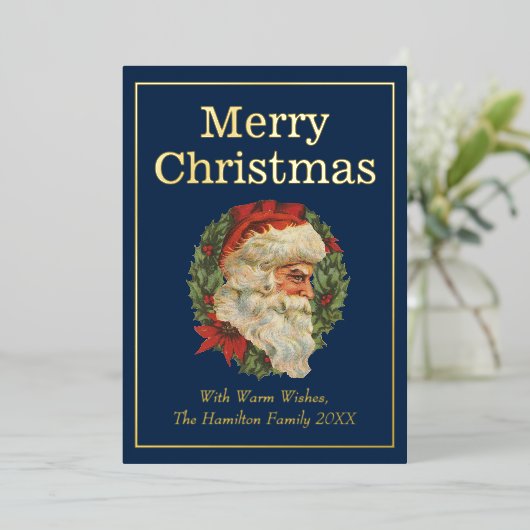 ヴィンテージスタイルエレガントサンタメリークリスマス金ゴールド 箔シーズンカード (立ち正面)