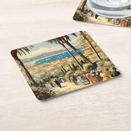ヴィンテージスタイルカンヌフランスのトラベルウォーターの色 スクエアペーパーコースター (アングル)