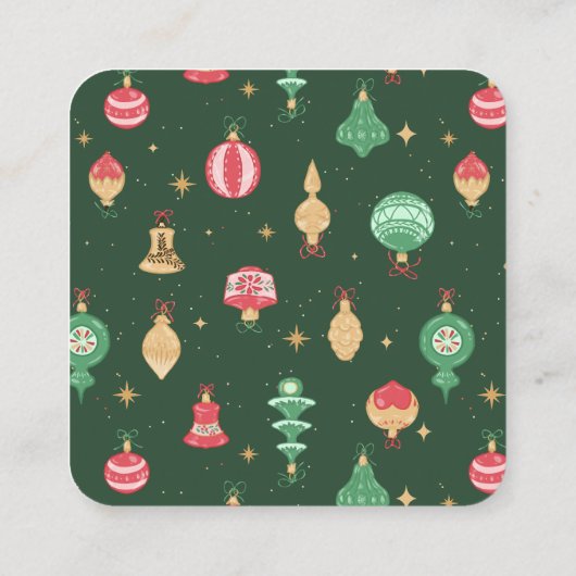 ヴィンテージスタイルクリスマスオーナメントパターン – 緑 スクエア名刺 (裏面)