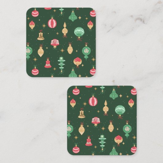 ヴィンテージスタイルクリスマスオーナメントパターン – 緑 スクエア名刺 (正面/裏面)