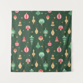 ヴィンテージスタイルクリスマスオーナメントパターン – 緑 タペストリー