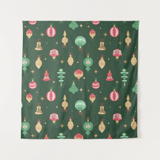 ヴィンテージスタイルクリスマスオーナメントパターン – 緑 タペストリー (正面)