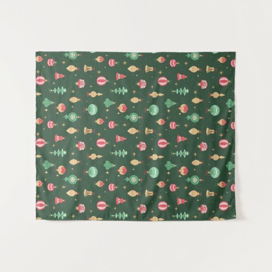 ヴィンテージスタイルクリスマスオーナメントパターン – 緑 タペストリー (正面(横))