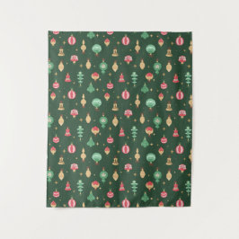 ヴィンテージスタイルクリスマスオーナメントパターン – 緑 タペストリー