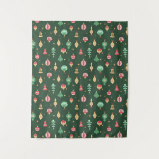 ヴィンテージスタイルクリスマスオーナメントパターン – 緑 タペストリー