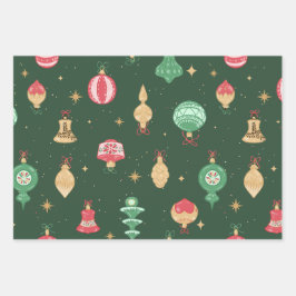 ヴィンテージスタイルクリスマスオーナメントパターン – 緑 ラッピングペーパーシート