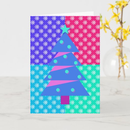 ヴィンテージスタイルクリスマスツリーアートスノーフレークブロック カード (黄色い花)