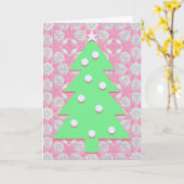 ヴィンテージスタイルクリスマスツリーアートinピンクとグリーン カード (黄色い花)