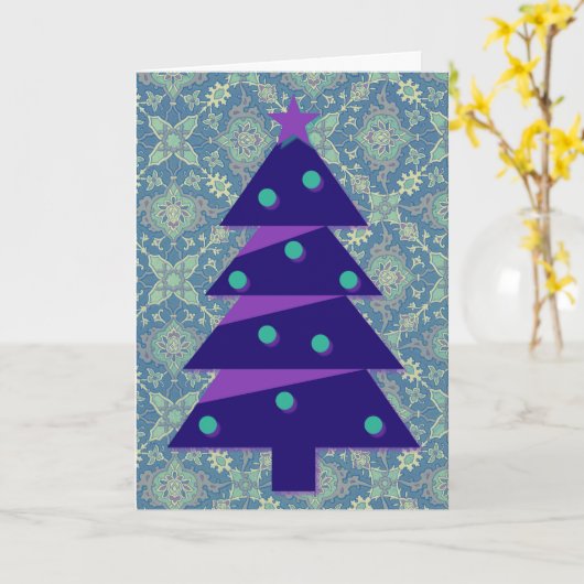 ヴィンテージスタイルクリスマスツリーアートin紫 カード (黄色い花)