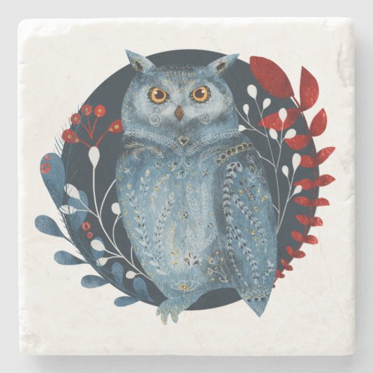 ヴィンテージスタイルクリスマスフクロウ ストーンコースター (正面)