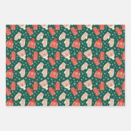 ヴィンテージスタイルグリーンクリスマスハット&ミトン ラッピングペーパーシート