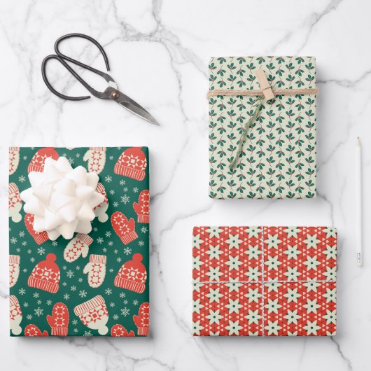 ヴィンテージスタイルグリーンクリスマスハット&ミトン ラッピングペーパーシート (正面)
