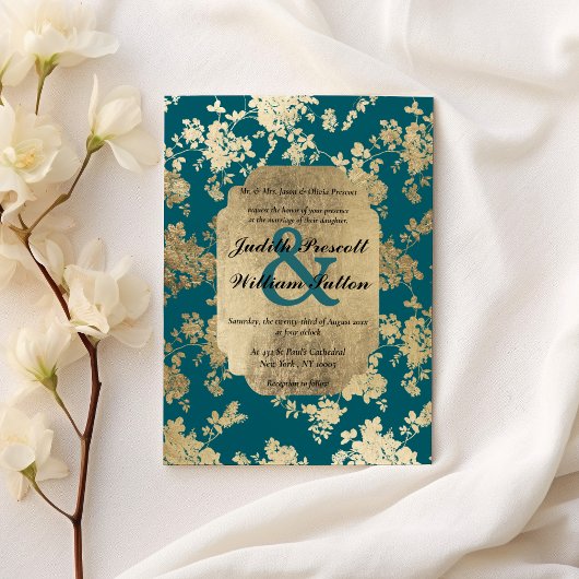 ヴィンテージスタイルグリーン金ゴールドフローララグジュアリー結婚ズ 招待状