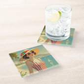 ヴィンテージスタイルコートダジュールビーチガール ガラスコースター (アングル)