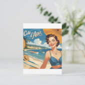 ヴィンテージスタイルコートダジュールビーチガール シーズンポストカード (スタンド正面)