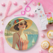 ヴィンテージスタイルコートダジュールビーチガール ペーパープレート (パーティー)