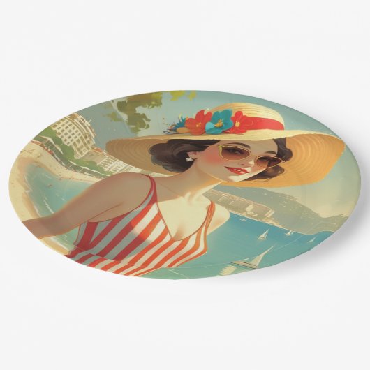 ヴィンテージスタイルコートダジュールビーチガール ペーパープレート (アングル)