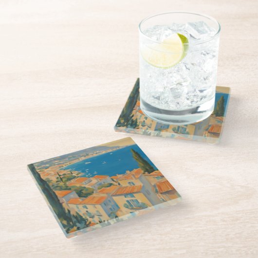ヴィンテージスタイルコートダジュールフランスのトラベルウォーター色 ガラスコースター (アングル)