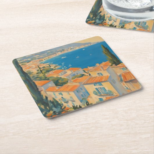 ヴィンテージスタイルコートダジュールフランスのトラベルウォーター色 スクエアペーパーコースター (アングル)