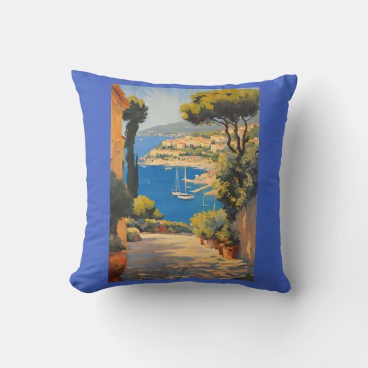 ヴィンテージスタイルコートダジュールフランスのトラベ絵画ル クッション (正面)