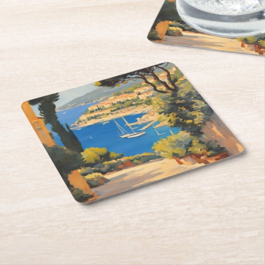 ヴィンテージスタイルコートダジュールフランスのトラベ絵画ル スクエアペーパーコースター (アングル)