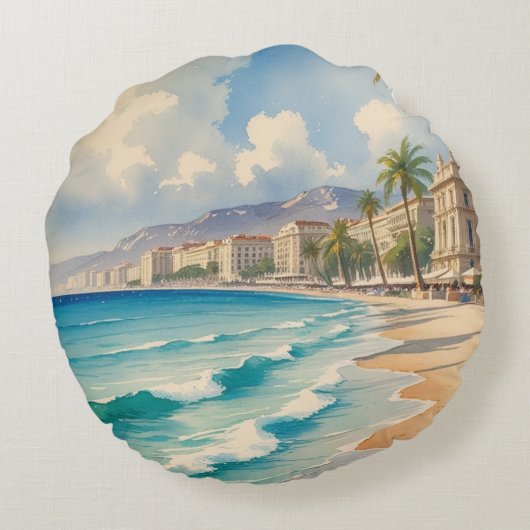 ヴィンテージスタイルコートダジュールフランスの旅行 ラウンドクッション (裏面)