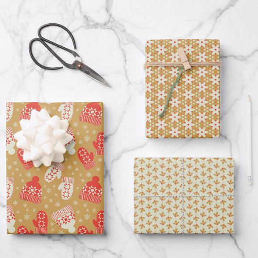 ヴィンテージスタイルゴールデンクリスマスハット&ミトン ラッピングペーパーシート (正面)