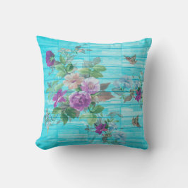 ヴィンテージスタイルシャビーシック花模様オンブルー クッション