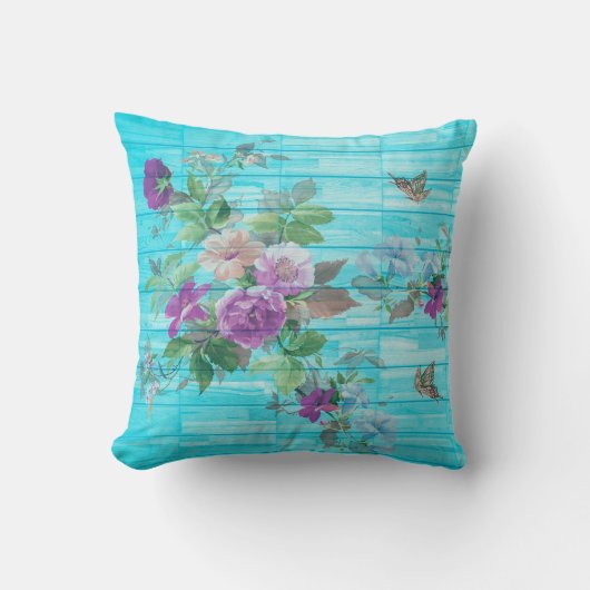 ヴィンテージスタイルシャビーシック花模様オンブルー クッション (正面)