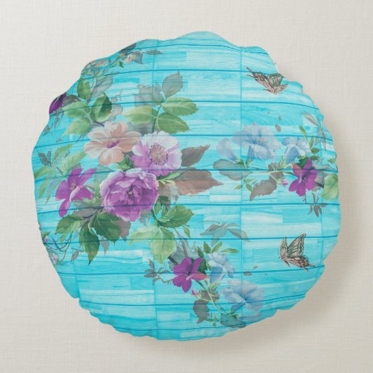 ヴィンテージスタイルシャビーシック花模様オンブルー ラウンドクッション (裏面)