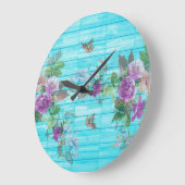 ヴィンテージスタイルシャビーシック花模様オンブルー ラージ壁時計 (傾斜)