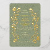 ヴィンテージスタイルセージグリーン結婚フローラ 箔招待状 (正面)