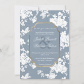 ヴィンテージスタイルダスティブルーブルー金ゴールドホワイト結婚フローラ 招待状 (正面)