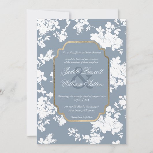 ヴィンテージスタイルダスティブルーブルー金ゴールドホワイト結婚フローラ 招待状 (正面)