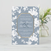 ヴィンテージスタイルダスティブルーブルー金ゴールドホワイト結婚フローラ 招待状 (スタンド正面)