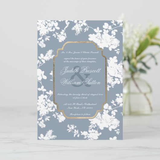ヴィンテージスタイルダスティブルーブルー金ゴールドホワイト結婚フローラ 招待状 (スタンド正面)