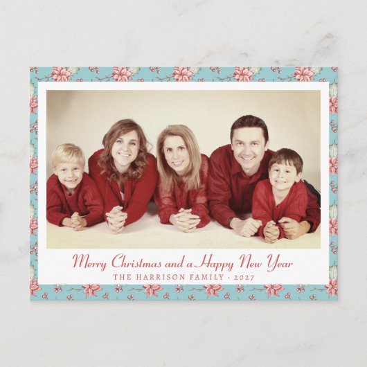 ヴィンテージスタイルダックエッグブルーホリー写真 シーズンポストカード (正面)