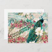 ヴィンテージスタイルティール（緑がかった色）ピーコックアンドピンクフローラ ポストカード (正面/裏面)