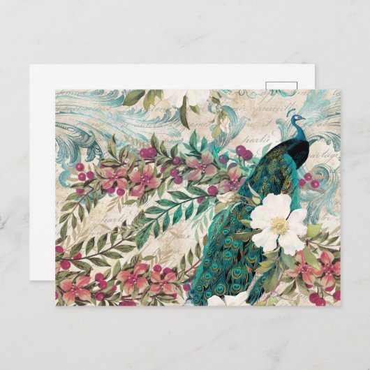 ヴィンテージスタイルティール（緑がかった色）ピーコックアンドピンクフローラ ポストカード (正面/裏面)
