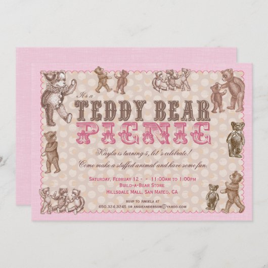 ヴィンテージスタイルテディベアピクニック招待状 – ピンク 招待状 (正面/裏面)