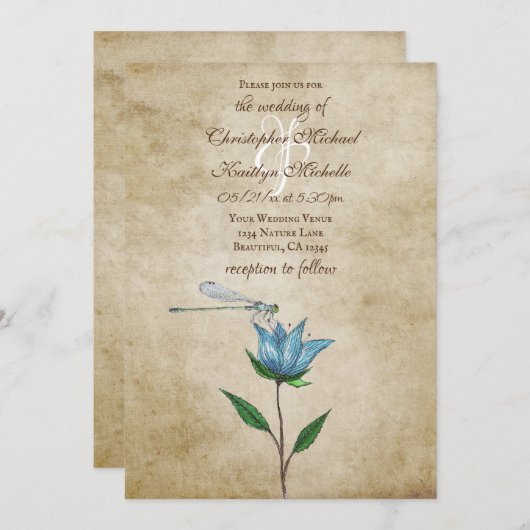 ヴィンテージスタイルトンボとブルーフラワー結婚ズ 招待状 (正面/裏面)