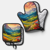 ヴィンテージスタイルドロミテスイタリアポスターアート 鍋つかみ&鍋敷きセット (正面/裏面)