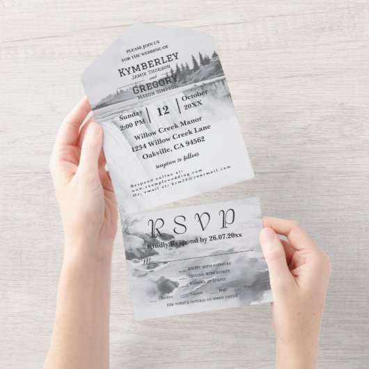 ヴィンテージスタイルナイアガラ秋白黒電子メール オールインワン招待状 (貼ってはがせる)