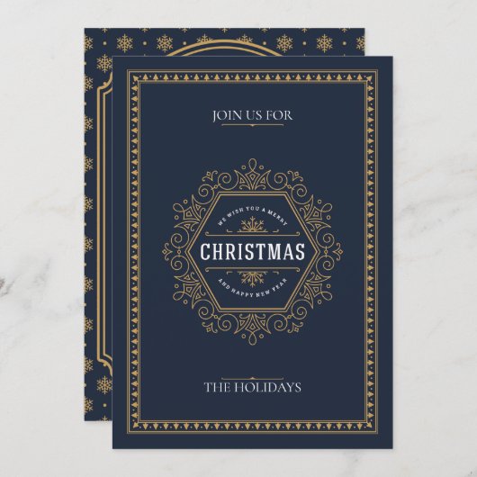 ヴィンテージスタイルネービーブエレガントルークリスマスパーティー 招待状 (正面/裏面)