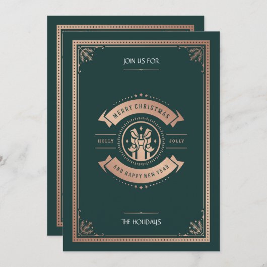 ヴィンテージスタイルハエレガントンターグリーンクリスマスパーティー 招待状 (正面/裏面)