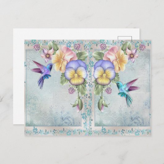 ヴィンテージスタイルハミングバードと紫色の花 ポストカード (正面/裏面)