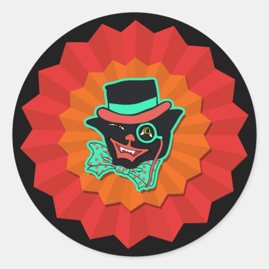 ヴィンテージスタイルハロウィーン猫in帽子かわいい ラウンドシール (正面)