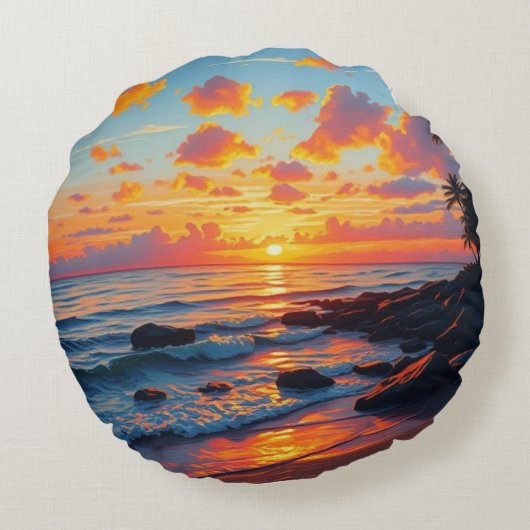 ヴィンテージスタイルハワイアントラベルコーストシーサンセット ラウンドクッション (裏面)