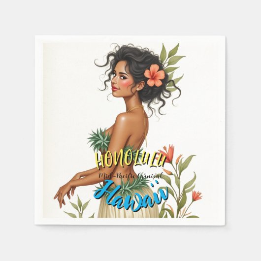 ヴィンテージスタイルハワイアントラベルホノルルフラガール スタンダードカクテルナプキン (正面)