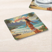 ヴィンテージスタイルハワイアントラベルホノルルミッドパシフィック スクエアペーパーコースター (アングル)